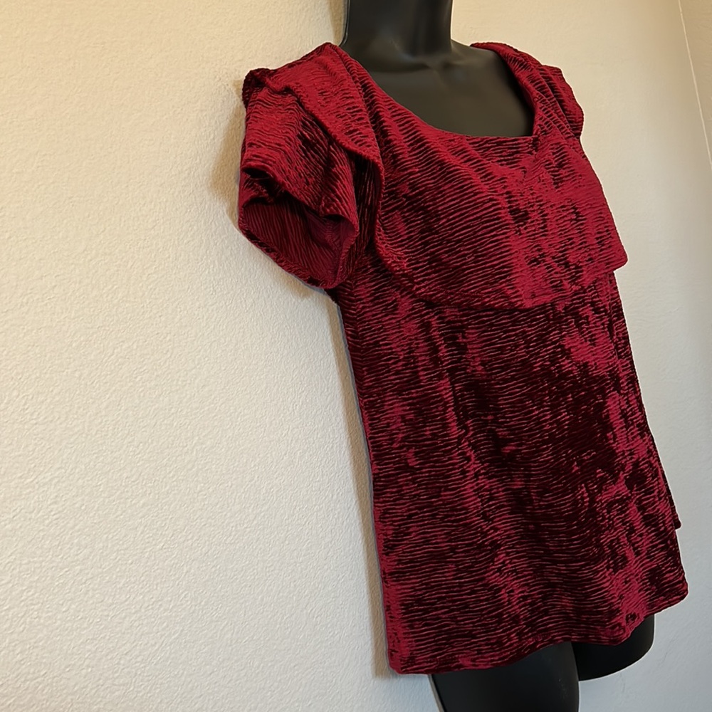 Knox Rose Burgundy Maroon Crushed Velvet Ruffle Off the Shoulder Top - Picture 5 of 12